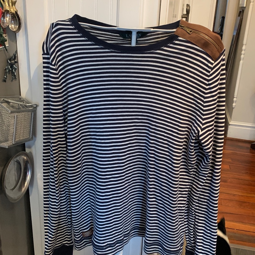 Lauren by Ralph Lauren‎ long sleeve top with faux suede zipper shoulder.